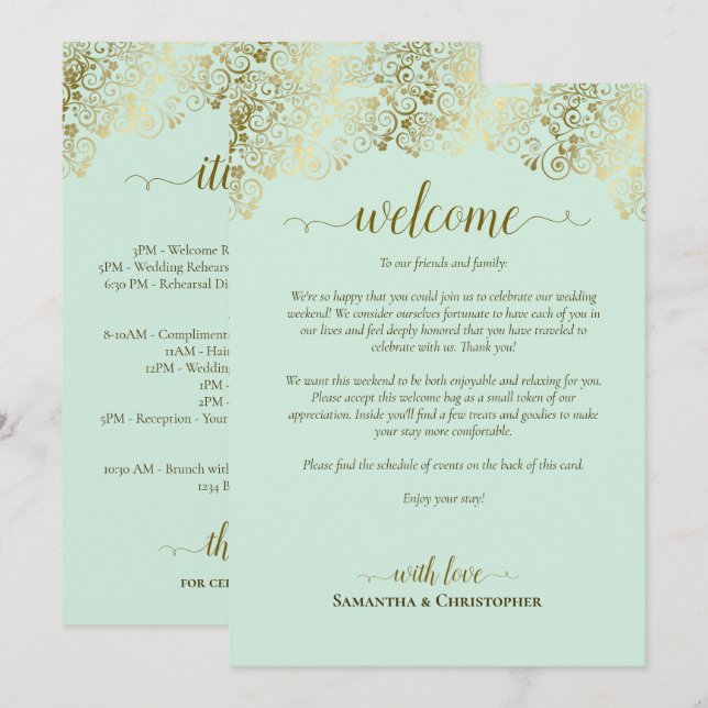 Programa Elegante Boda de Menta y Oro Bienvenida e Itinerar (Anverso / Reverso)