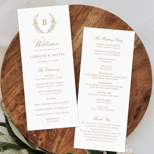 Programa Elegante Boda de Monograma Escudo Laurel Wreath (Subido por el creador)