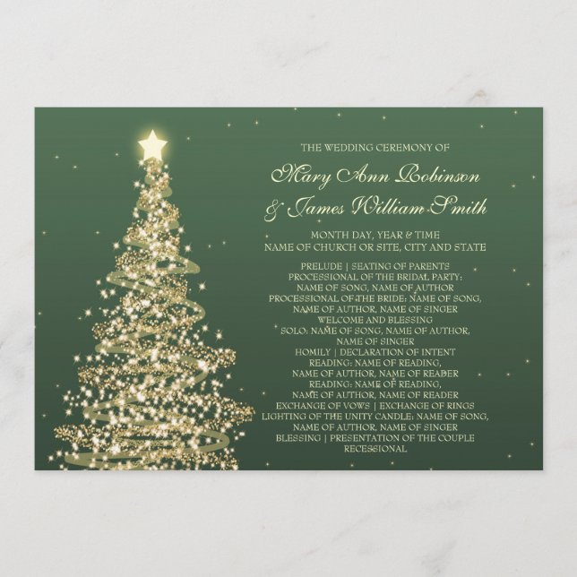 Programa Elegante boda de Navidad verde dorado (Anverso)