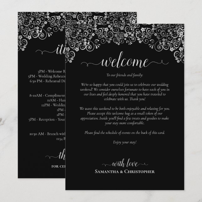 Programa Elegante Boda de Negro y Plata Bienvenida e Itiner (Anverso / Reverso)