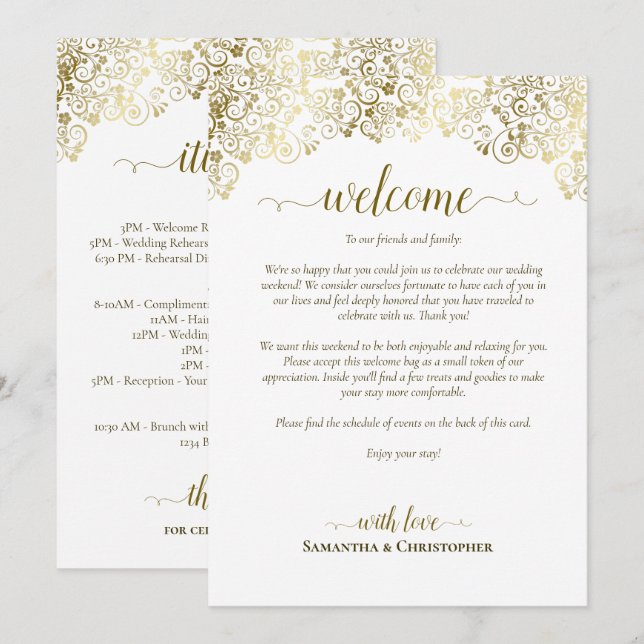 Programa Elegante Boda de Oro y Blanco Bienvenida e Itinera (Anverso / Reverso)