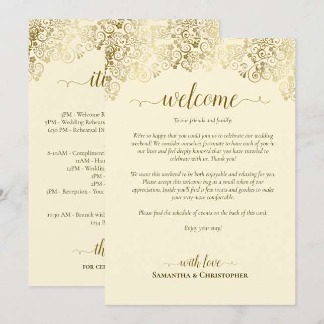 Programa Elegante Boda de Oro y Crema Bienvenida e Itinerar (Anverso / Reverso)