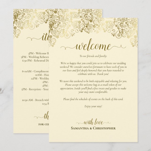 Programa Elegante Boda de Oro y Crema Bienvenida e Itinerar (Anverso / Reverso)
