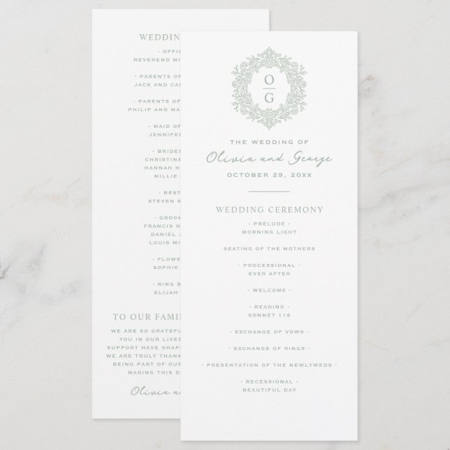 Programa Elegante Boda de Verde Salvia Heredada (Anverso / Reverso)