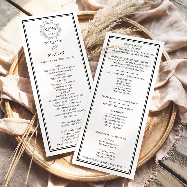 Programa Elegante Boda Escudo de Monograma Vintage (Elegant Vintage Monogram Crest Wedding Program Front and Back Shown)