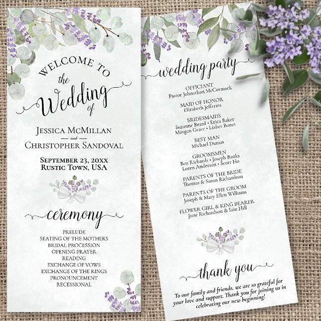 Programa Elegante Boda Eucalyptus & Lavender Watercolor (In Situ Front and Back)