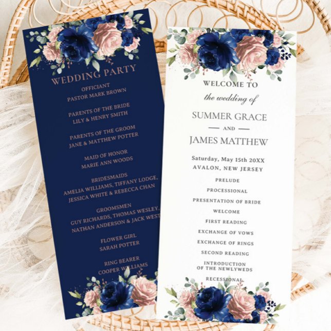 Programa Elegante Boda Floral Azul Marino y Rosa Dorado (Subido por el creador)