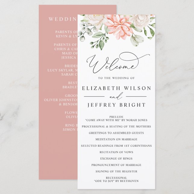 Programa Elegante Boda Floral Botánica Moderna Rosa Pálido (Anverso / Reverso)