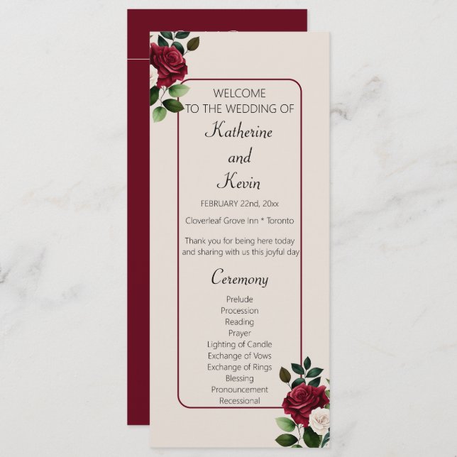 Programa Elegante Boda Floral Burgandy Ivory Cream (Anverso / Reverso)