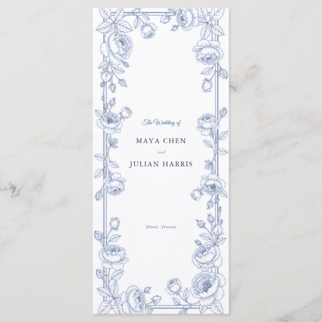 Programa Elegante Boda Floral Chinoiserie Azul y Blanco (Anverso)