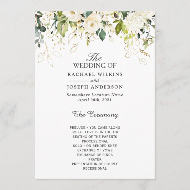 Programa Elegante Boda floral de rosas blancas (Anverso)