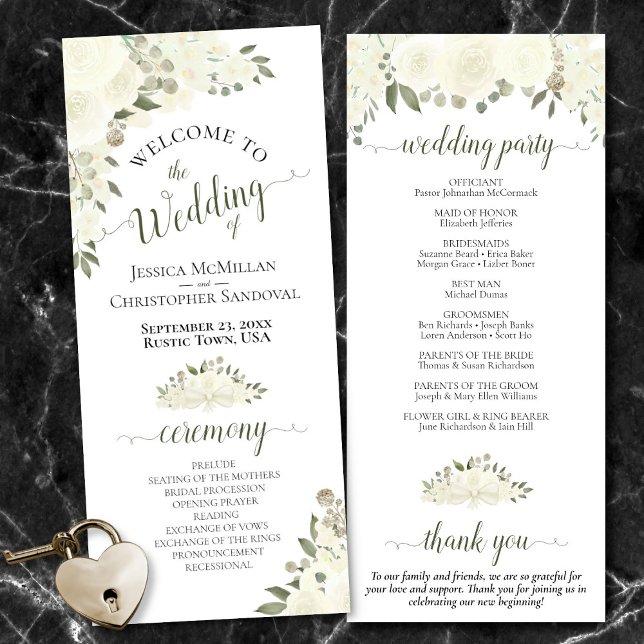 Programa Elegante Boda floral marfil blanco boho acuarela (Front/Back)