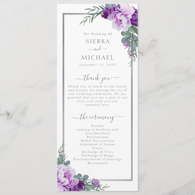 Programa Elegante Boda floral morado y plateado (Anverso)
