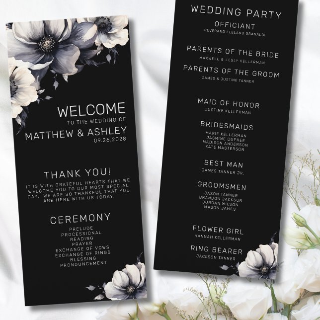 Programa Elegante boda floral negra moderna (Elegant Modern Floral White Black Wedding Program)