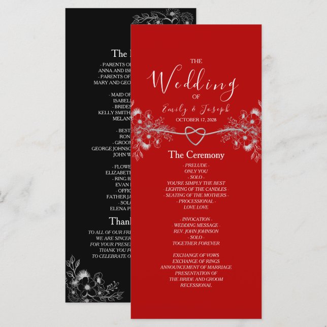 Programa Elegante Boda Floral Negra Roja (Anverso / Reverso)