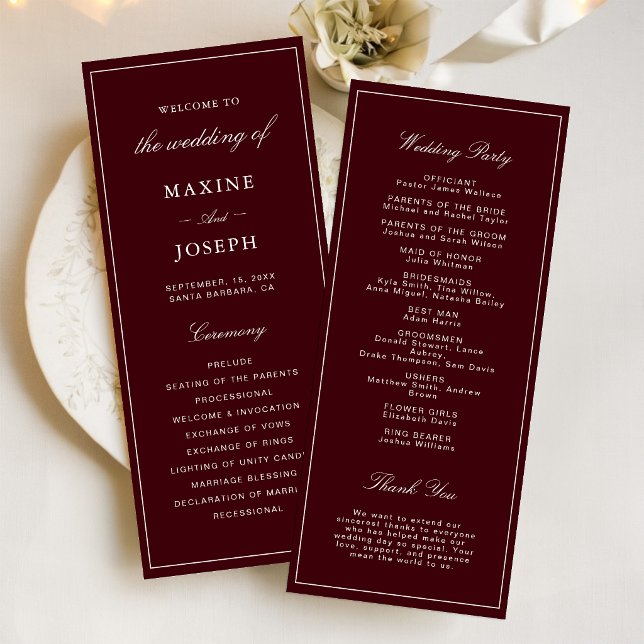 Programa Elegante Boda Formal Burgundy y Marfil (Elegant burgundy and ivory wedding program shares your special day with classic elegance.)