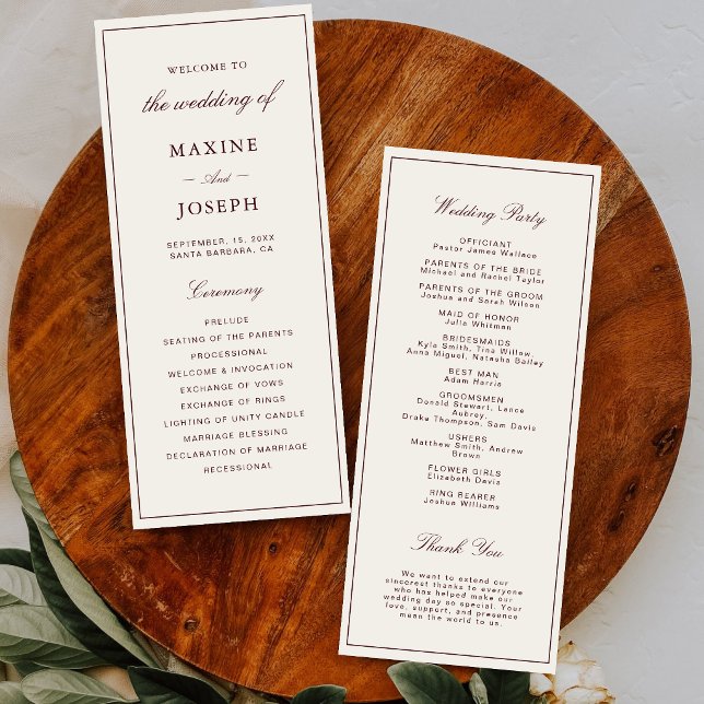 Programa Elegante Boda Formal de Marfil y Borgoña (Elegant ivory and burgundy wedding program keeps guests informed with timeless style.)