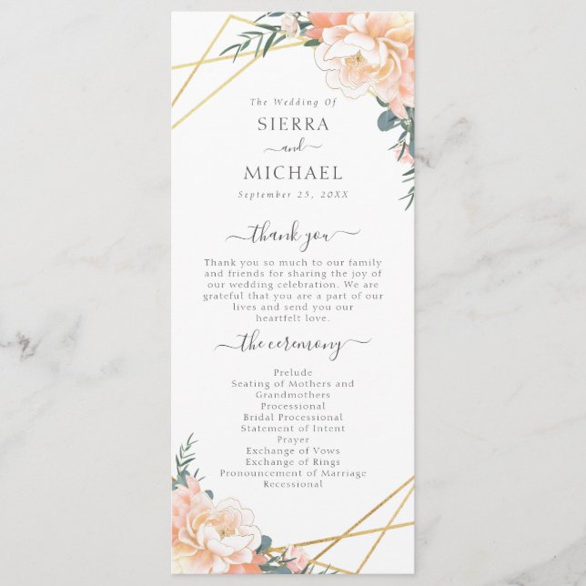 Programa Elegante Boda Geométrico De Oro Floral De Crema De (Anverso)