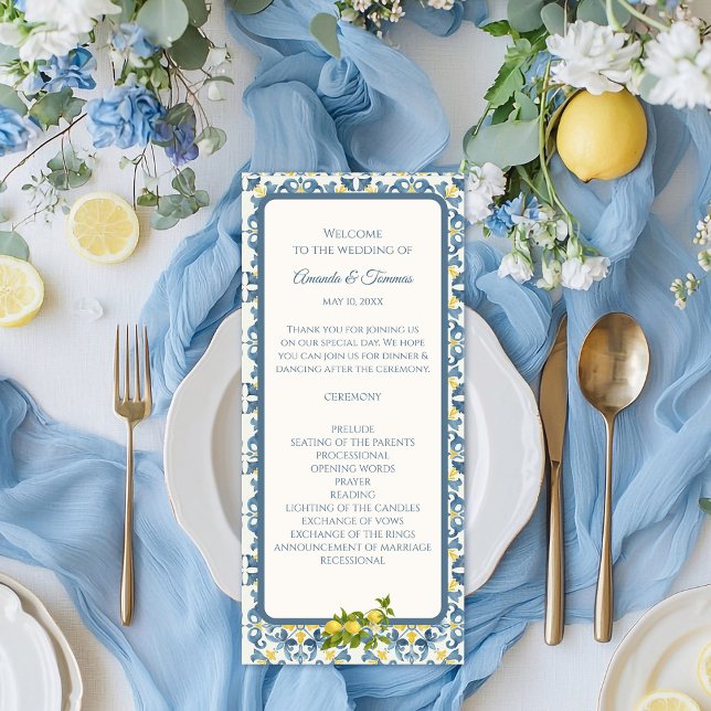 Programa Elegante Boda italiano de limón azul en mosaico (Subido por el creador)