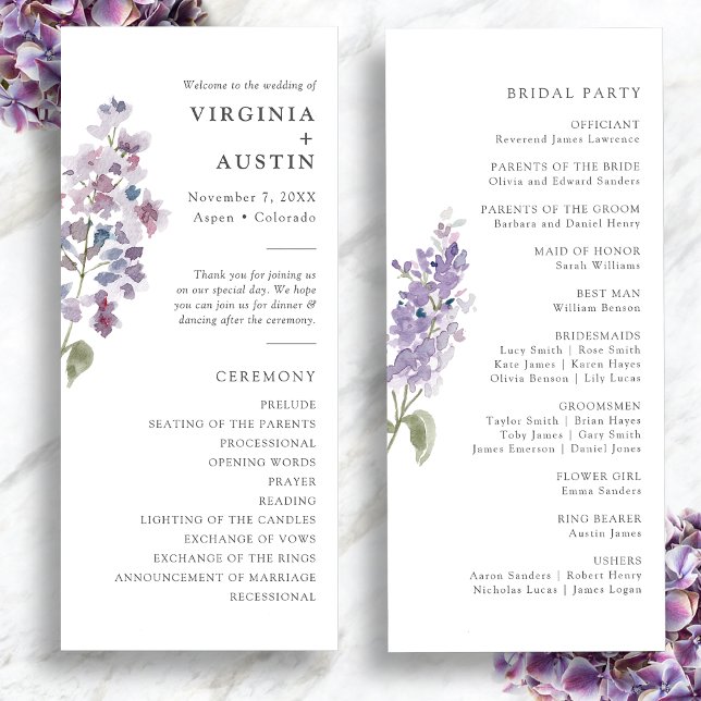 Programa Elegante Boda Lilac (Elegant Watercolor Lilac Wedding Program by Painted Paperie
)