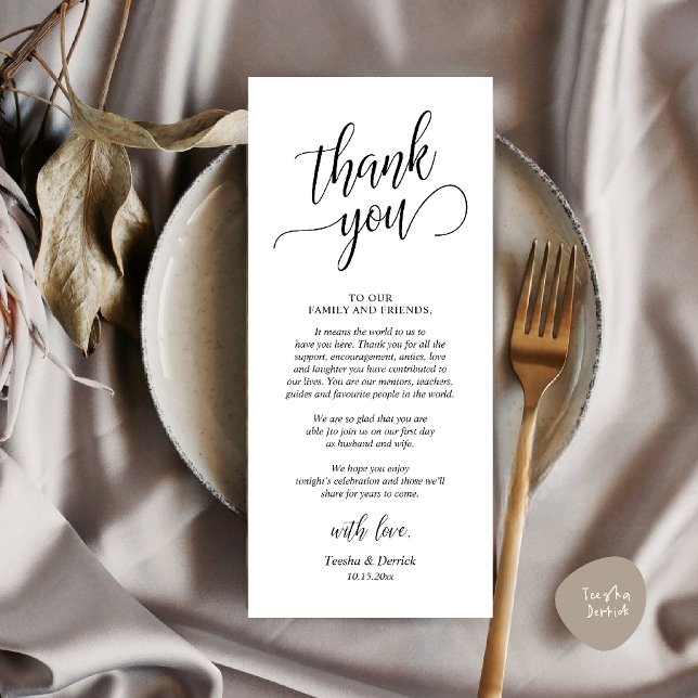Programa Elegante Boda Lugar de Cena Configuración de Graci (Modern Classy Wedding Dinner Thank You Card Reception brunch lunch in Black White)