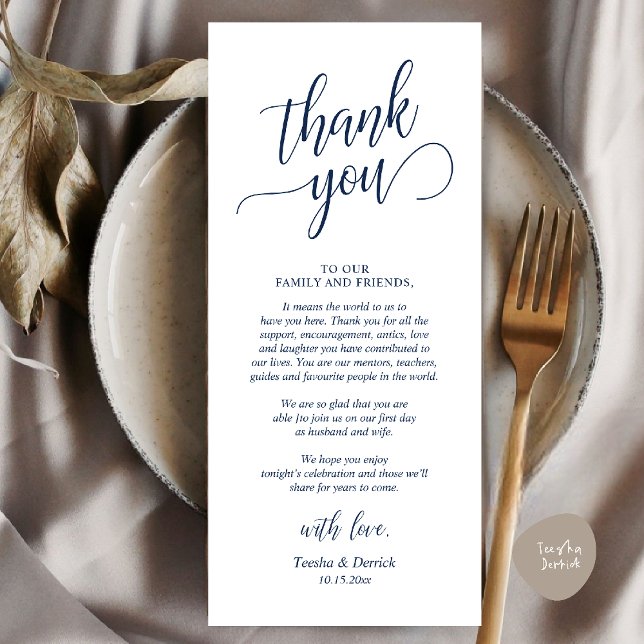 Programa Elegante Boda Lugar de Cena Configuración de Graci (Modern Classy Wedding Dinner Thank You Card Reception brunch lunch in Navy Blue)