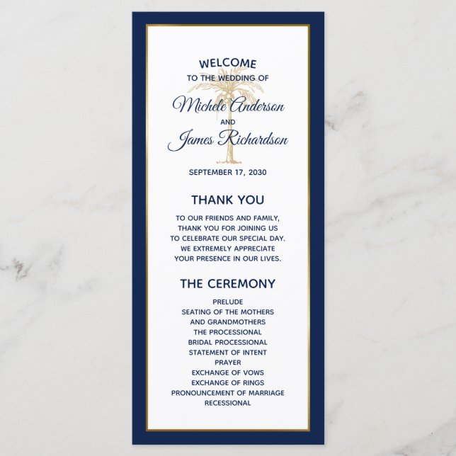 Programa Elegante boda moderna con palma dorada y azul mari (Anverso)