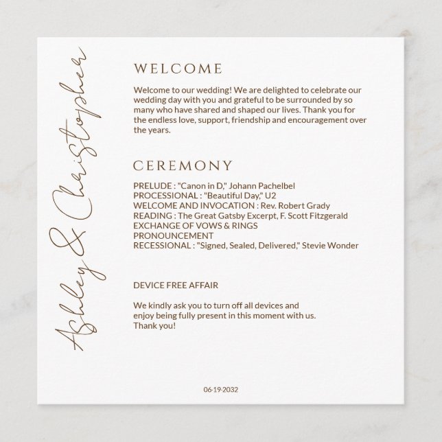 Programa Elegante Boda Moderno de Flor Silvestre Blanco y B (Anverso)