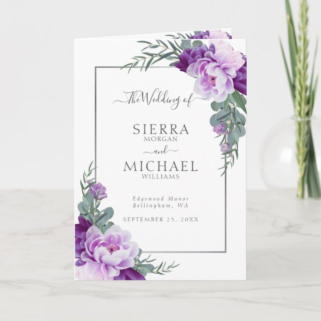 Programa Elegante Boda plegado floral morado y plateado (Anverso)