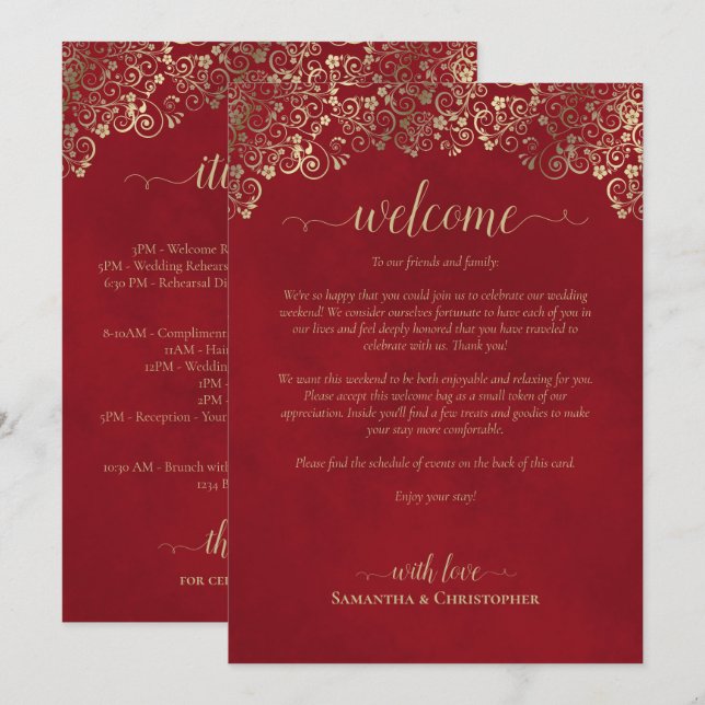 Programa Elegante Boda Roja y Dorada Bienvenida e Itinerari (Anverso / Reverso)