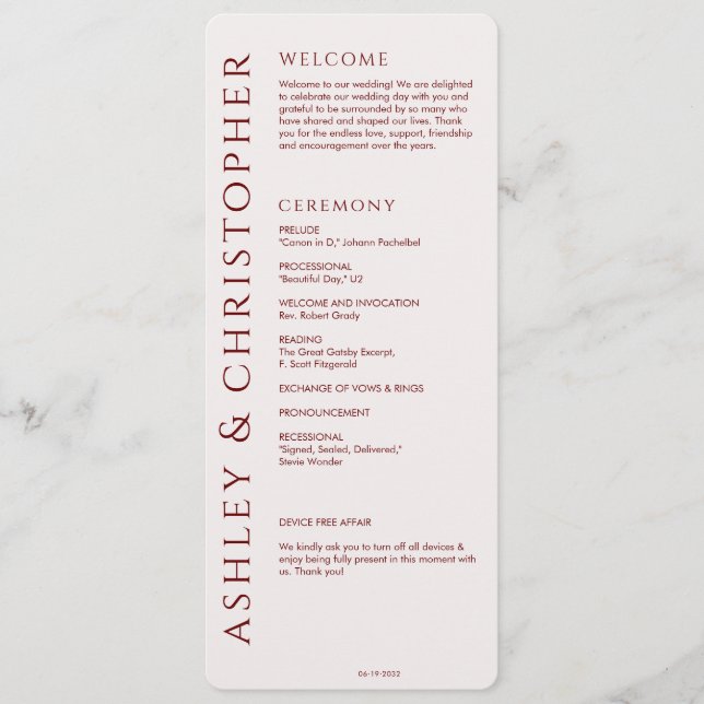 Programa Elegante Boda Rojo Crimson Moderno (Anverso)