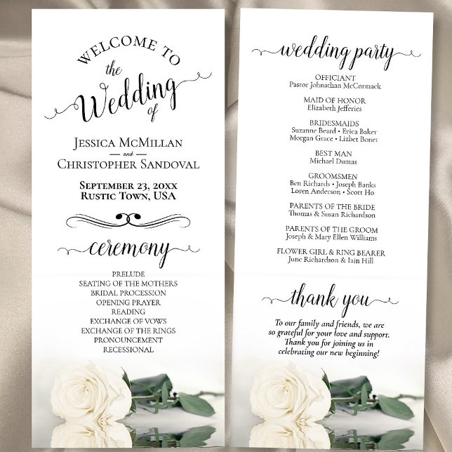 Programa Elegante Boda Romántico Rosa Blanca de Marfil Simp (Front/Back)