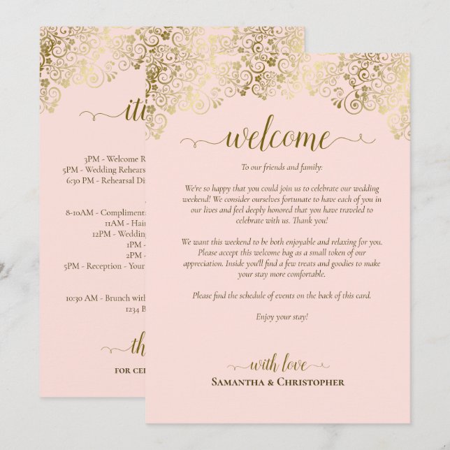 Programa Elegante Boda Rosa y Dorado Bienvenida e Itinerari (Anverso / Reverso)