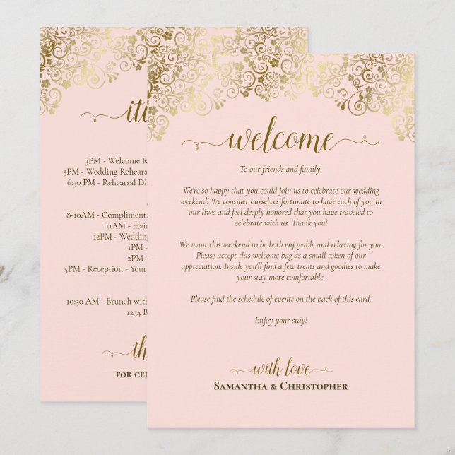 Programa Elegante Boda Rosa y Dorado Bienvenida e Itinerari (Anverso / Reverso)