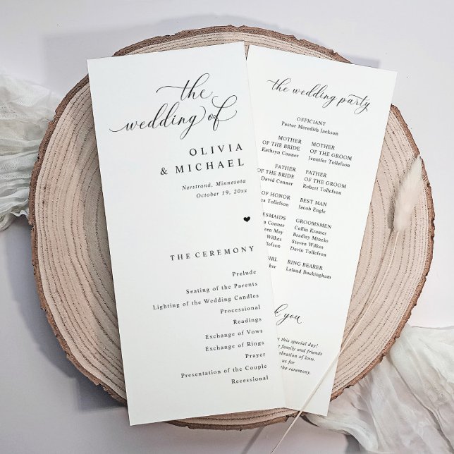 Programa Elegante Boda simple de corazón blanco y negro (Simple elegant wedding programs with heart and calligraphy. Classic black and white)