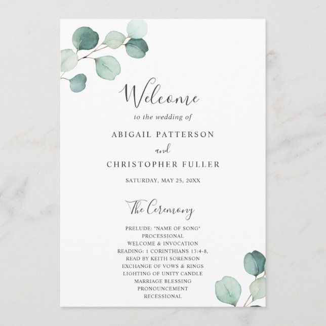 Programa Elegante Boda Simple de Salvia Verde Eucalipto (Anverso)