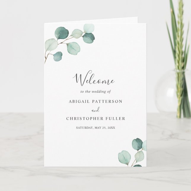 Programa Elegante Boda Simple de Verde Salvia Eucalipto (Anverso)