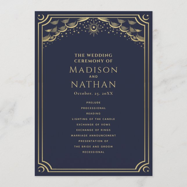 Programa Elegante Boda Tarot de Oro y Marina (Anverso)