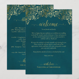 Programa Elegante Boda Teal y Oro Bienvenida e Itinerario