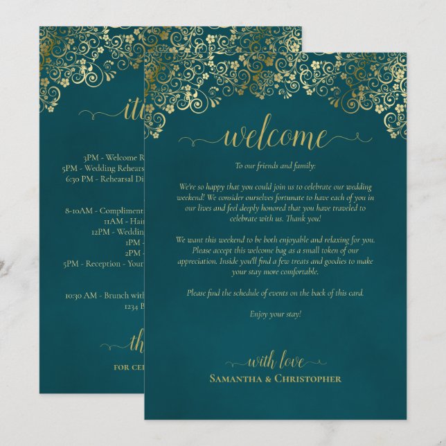 Programa Elegante Boda Teal y Oro Bienvenida e Itinerario (Anverso / Reverso)