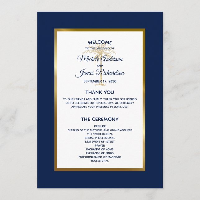 Programa Elegante boda tropical de palma de oro azul marino (Anverso)