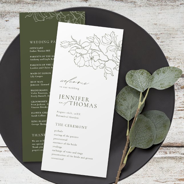 Programa Elegante boda verde de salvia floral a mano (Elegant hand drawn floral sage green wedding program)