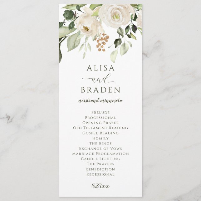 Programa Elegante Boda Verde Foliage Floral Blanca (Anverso)