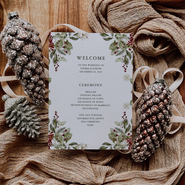 Programa Elegante Bouquet | Navidades Boda de vacaciones (A classic and elegant holiday wedding program with watercolor Christmas greenery and berries)