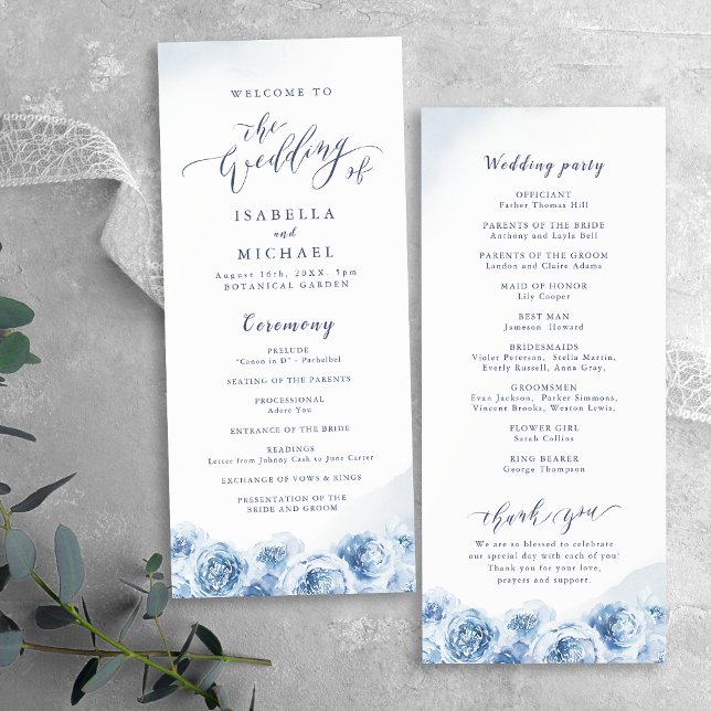 Programa Elegante caligrafía azul acuarela boda floral (Elegant calligraphy blue watercolor floral wedding program)