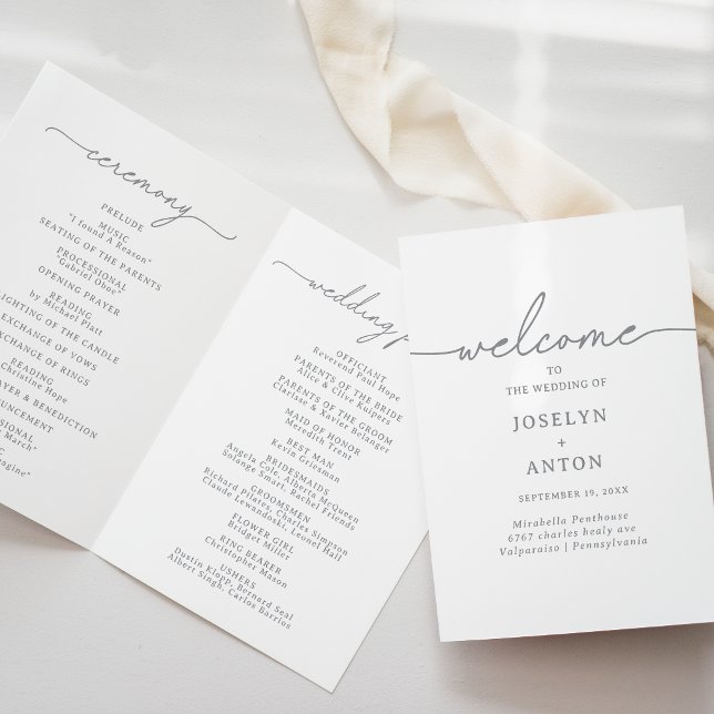 Programa Elegante Caligrafía Chic Gris Bodas Plegadas (Subido por el creador)