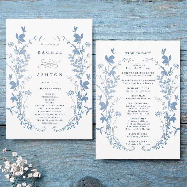Programa Elegante ceremonia de boda botánica azul francés (Front & Back)