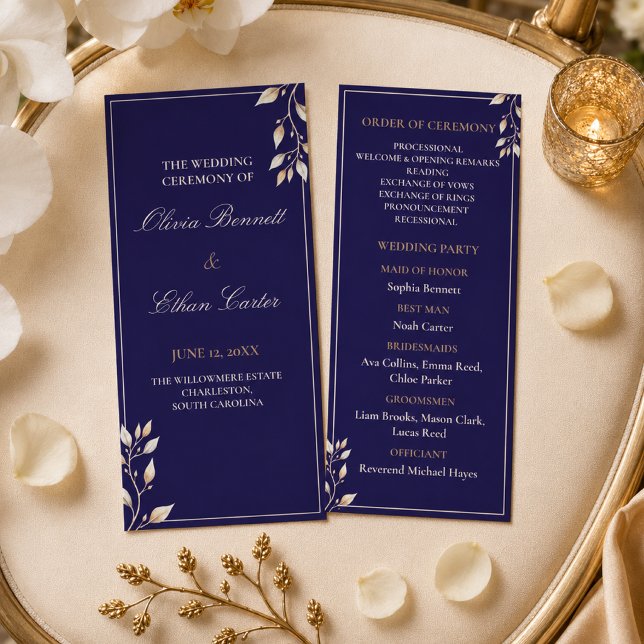 Programa Elegante Ceremonia de Boda Botánica Navy Gold (Subido por el creador)