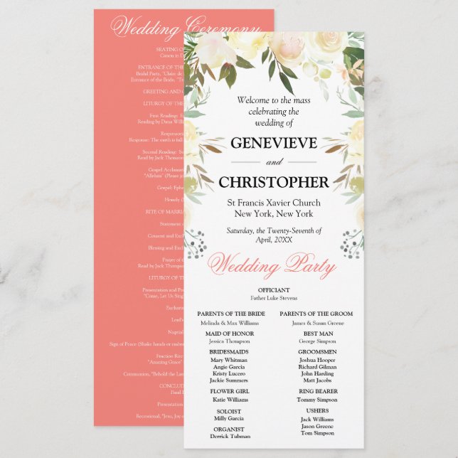 Programa Elegante ceremonia de Boda católica de arco floral (Anverso / Reverso)