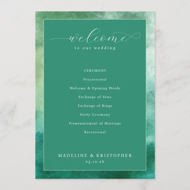 Programa Elegante ceremonia de boda con acuarela verde (Anverso)